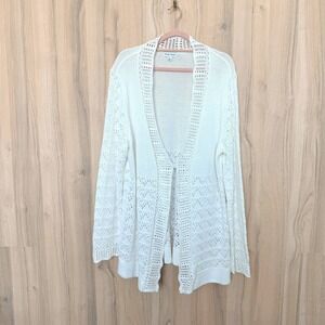 Womens Crochet Cardigan XL Ivory Pointelle Open Knit Cottage Coastal Boho